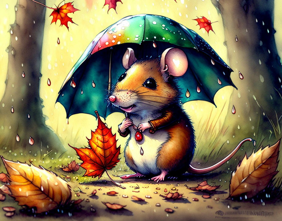 Illustrated mouse under colorful umbrella in falling rain and autumn leaves