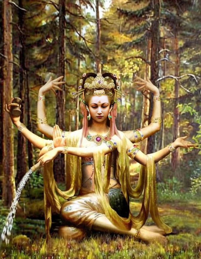 Golden Attired Multi-Armed Figure in Forest Setting