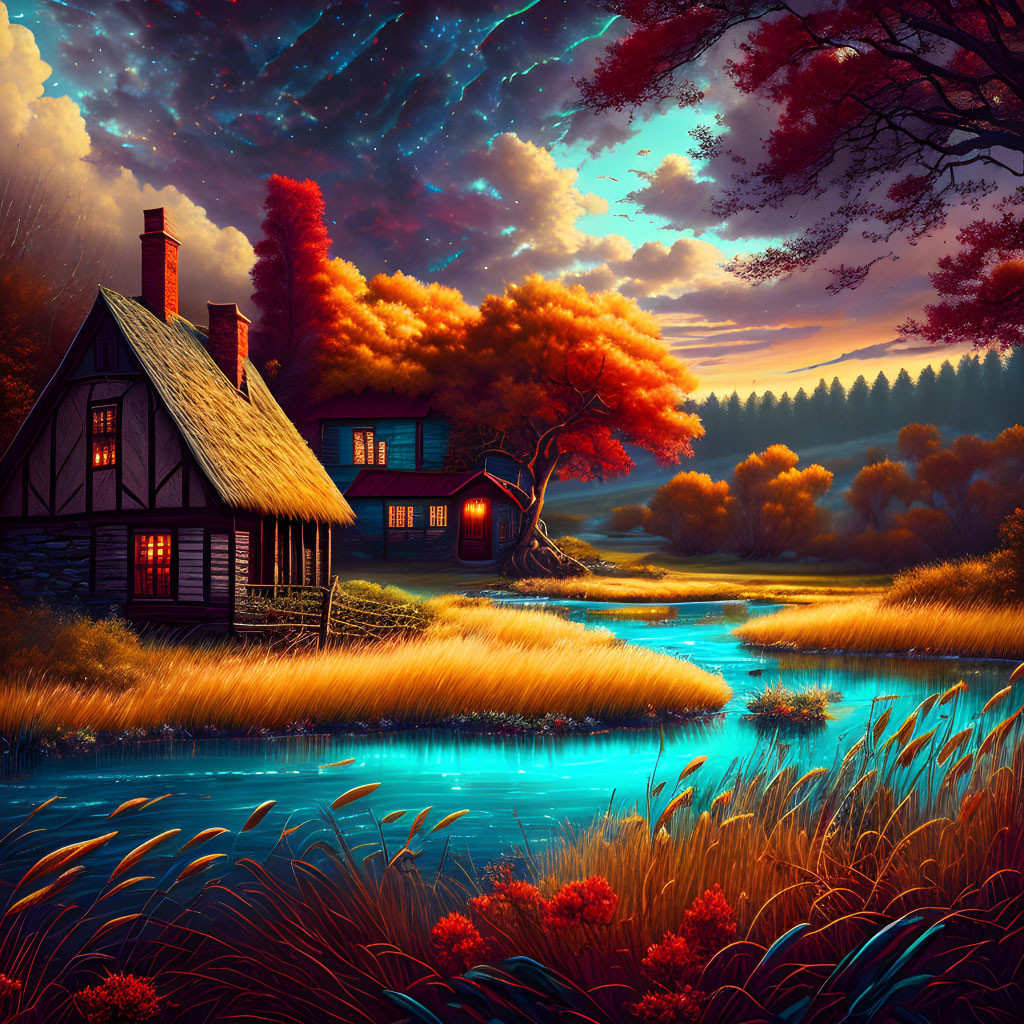 Tranquil twilight scene: riverside cottage, autumn tree, starry sky