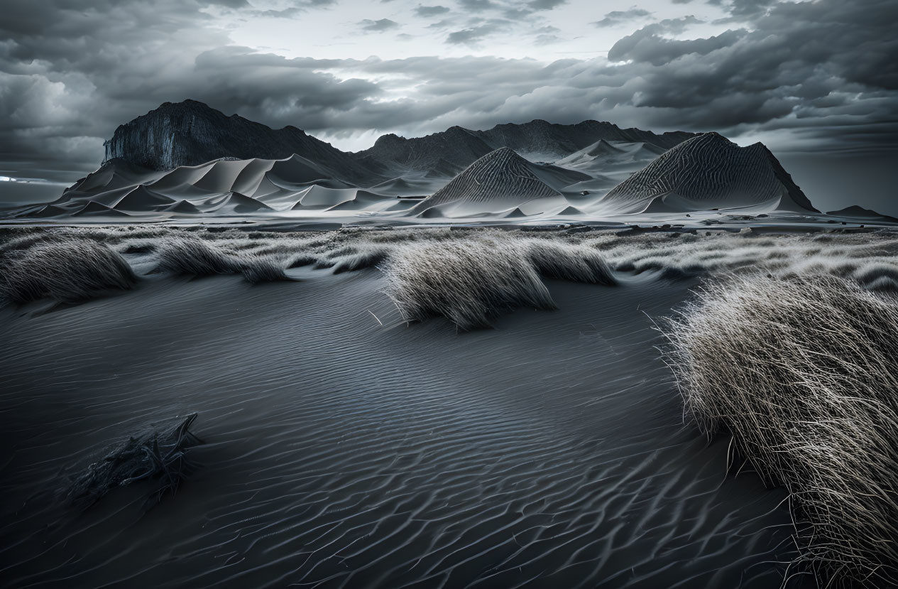 Rippled sand dunes with grass under cloudy sky and mountains