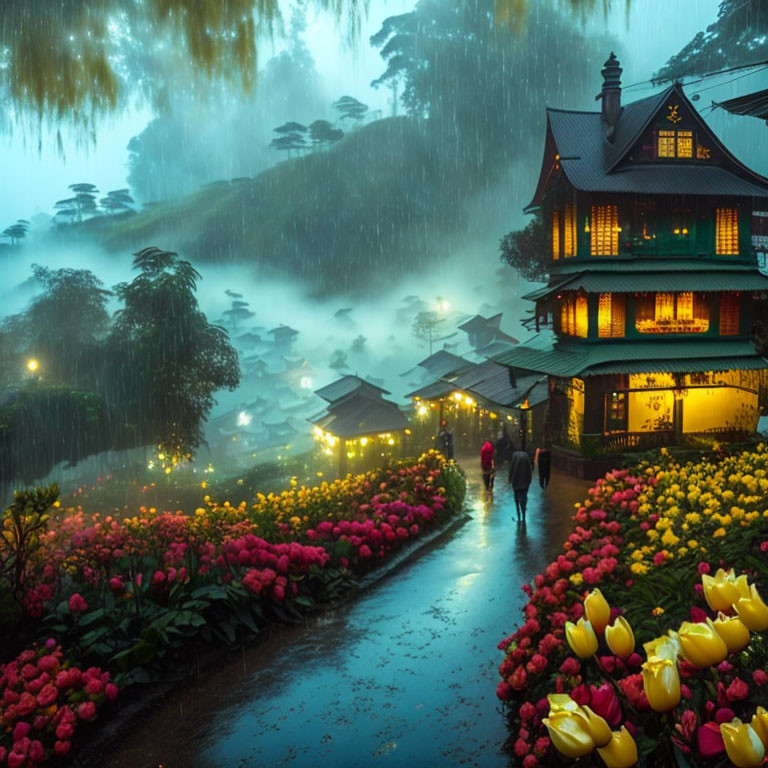 Twilight village scene with rainy ambiance and blooming tulips