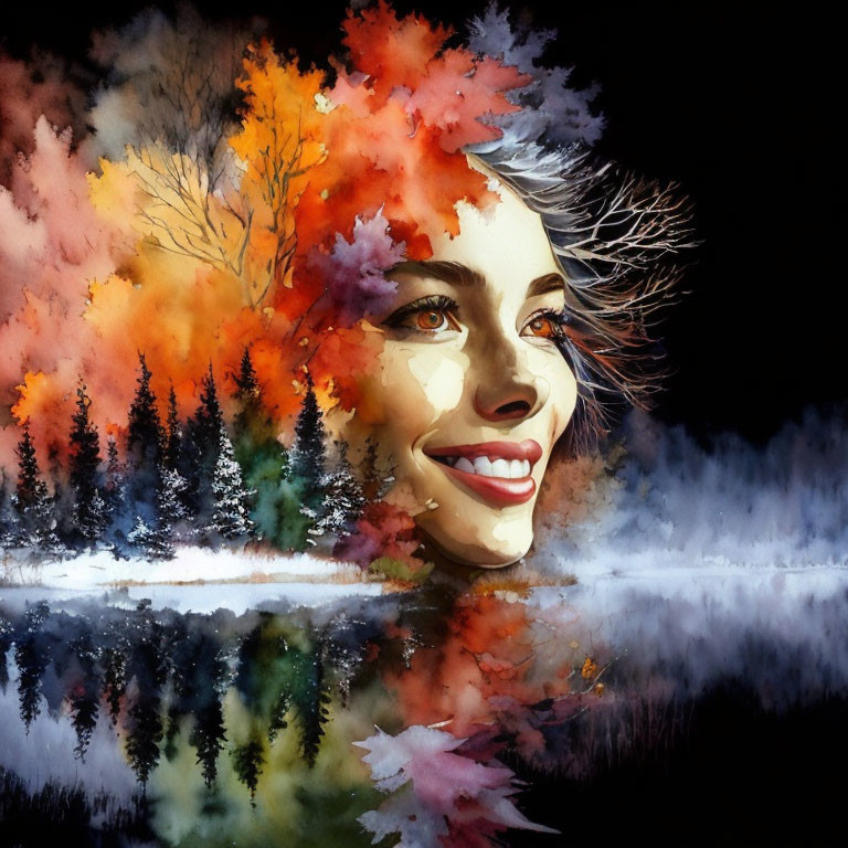 Watercolor painting of woman merging with autumn trees and reflection on water