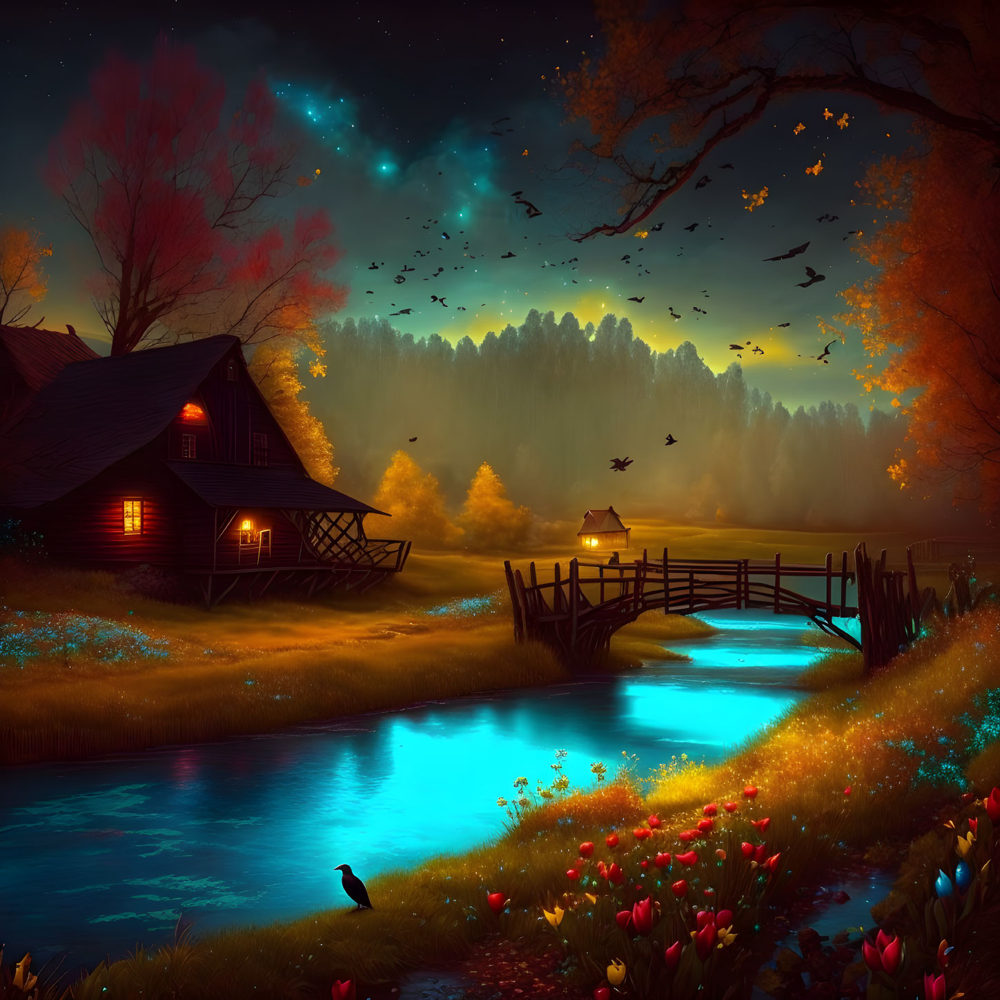 Tranquil Pond Twilight Scene with Cozy Cottage, Flowers, Birds, and Starry Sky