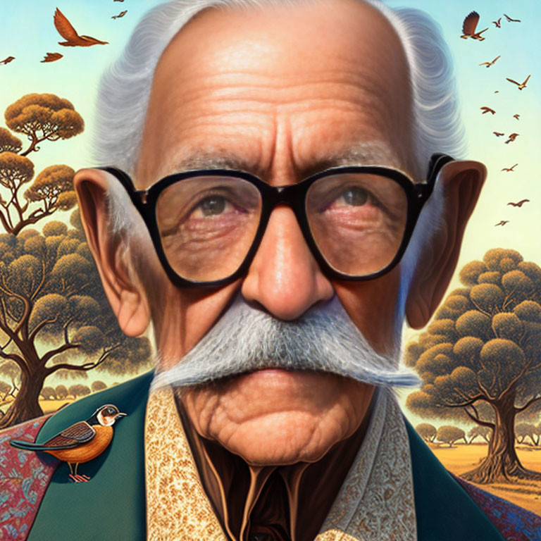 Elderly Man with White Mustache and Round Glasses in Nature Setting