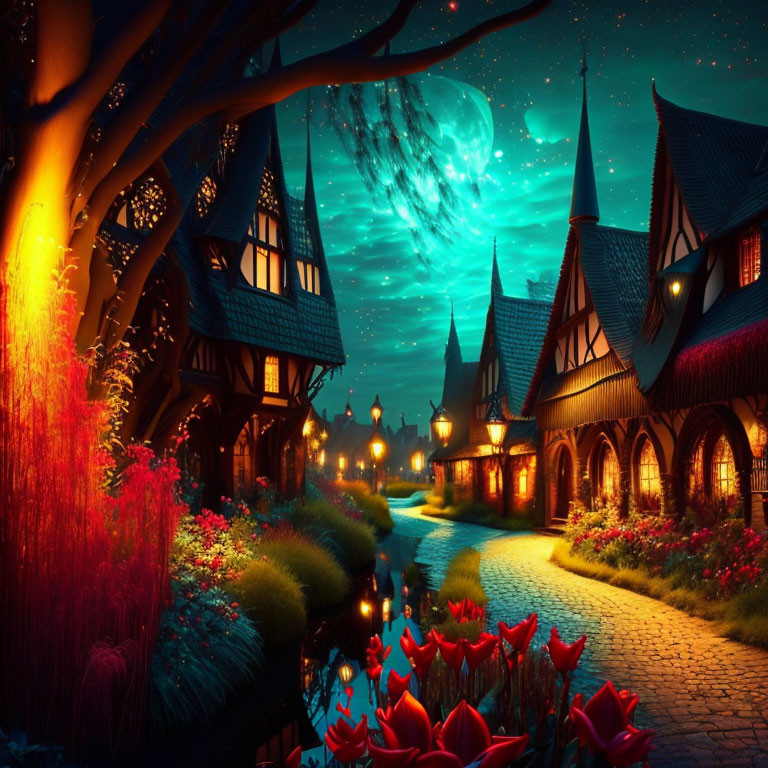 Fantasy village at night: Tudor houses, cobblestone paths, teal sky, crescent