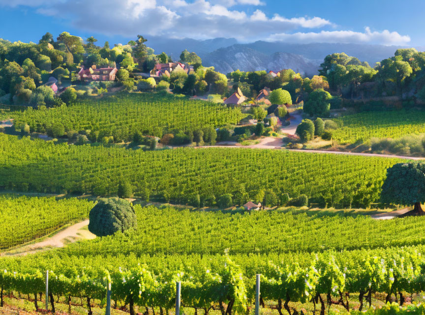 Scenic vineyard landscape with grapevines, village, hills, and clear sky