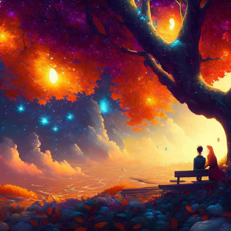 Couple sitting under vibrant cosmic tree with starlit sky