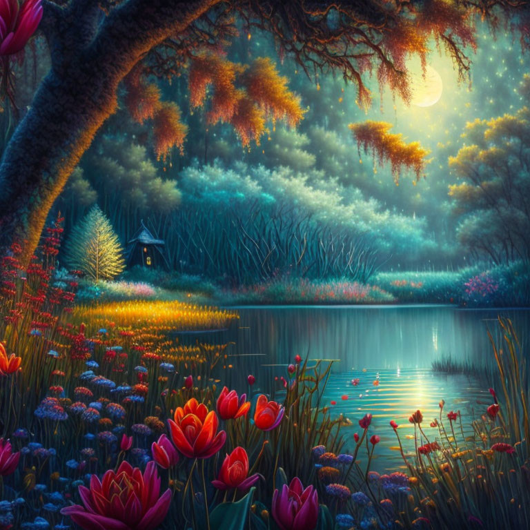 Moonlit Pond with Vibrant Flowers and Cozy Cottage