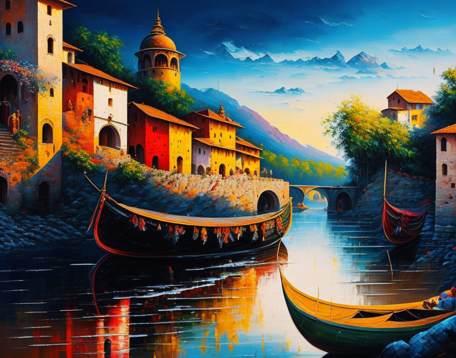 Colorful European Riverside Town Painting at Dusk