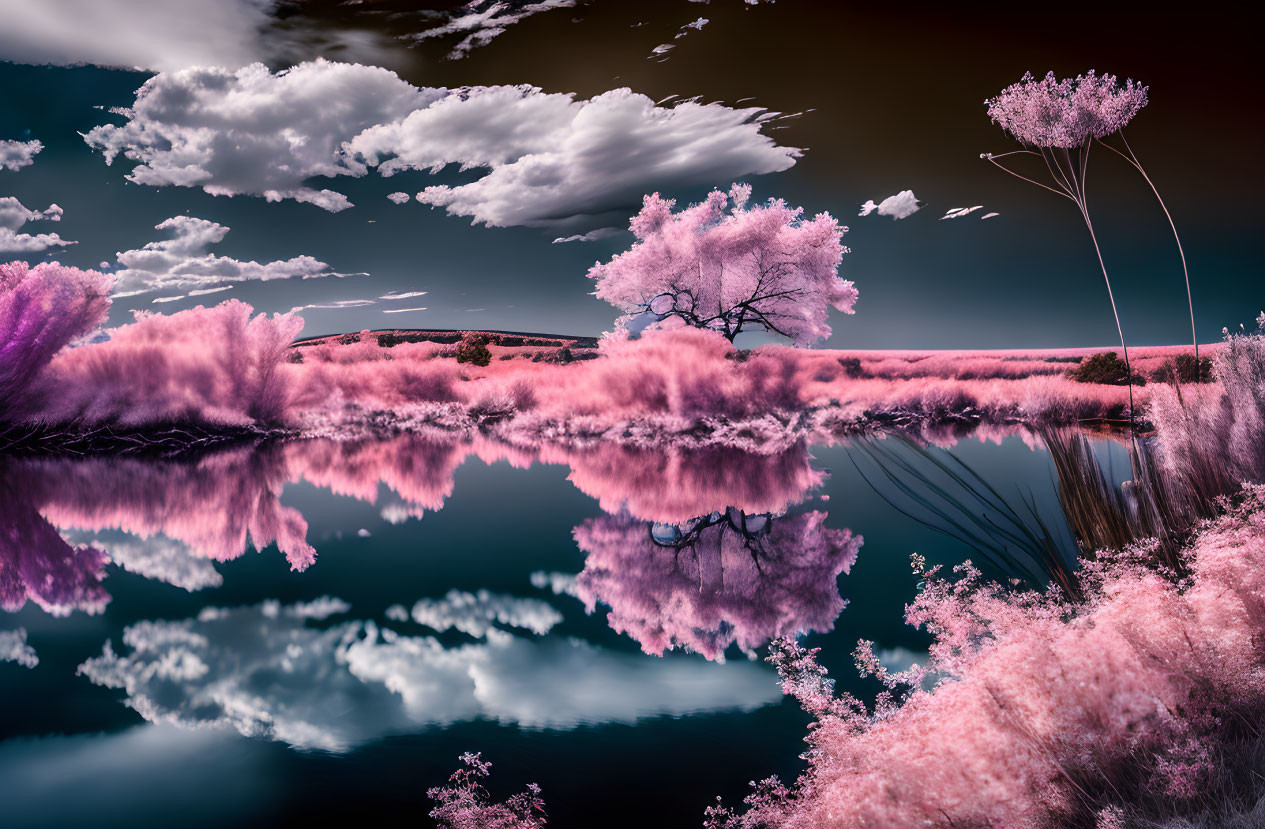 Surreal infrared landscape with pink foliage and reflective lake