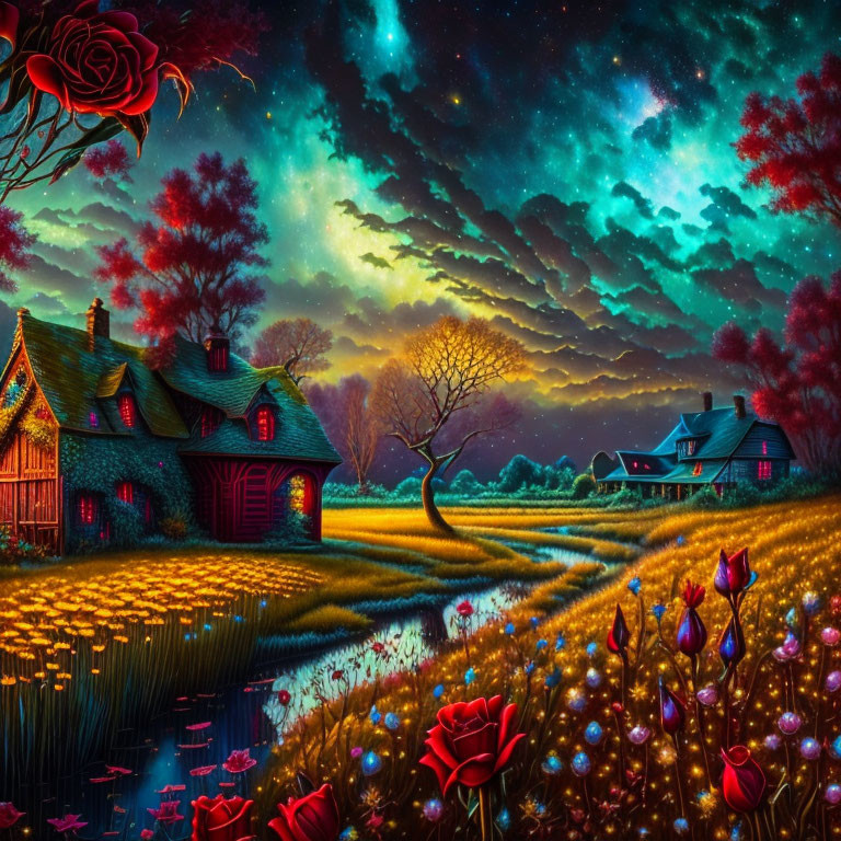 Fantastical night landscape with cottage, glowing flowers, lone tree & starry skies