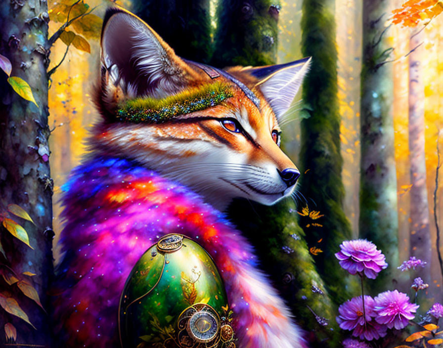 Colorful Fox Painting in Forest with Ornate Egg and Flowers