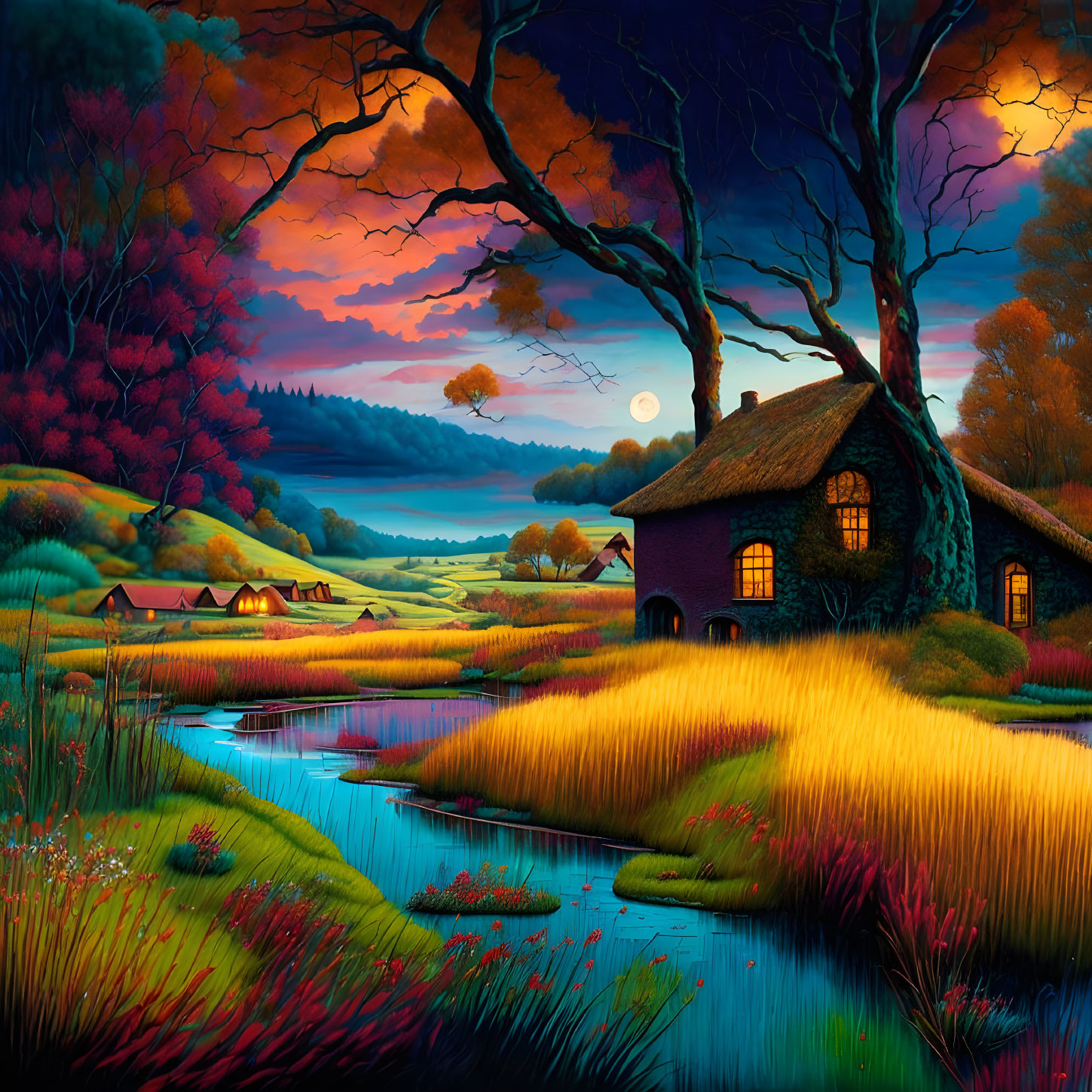 Colorful autumn landscape with cottage by river, serene lake, and full moon