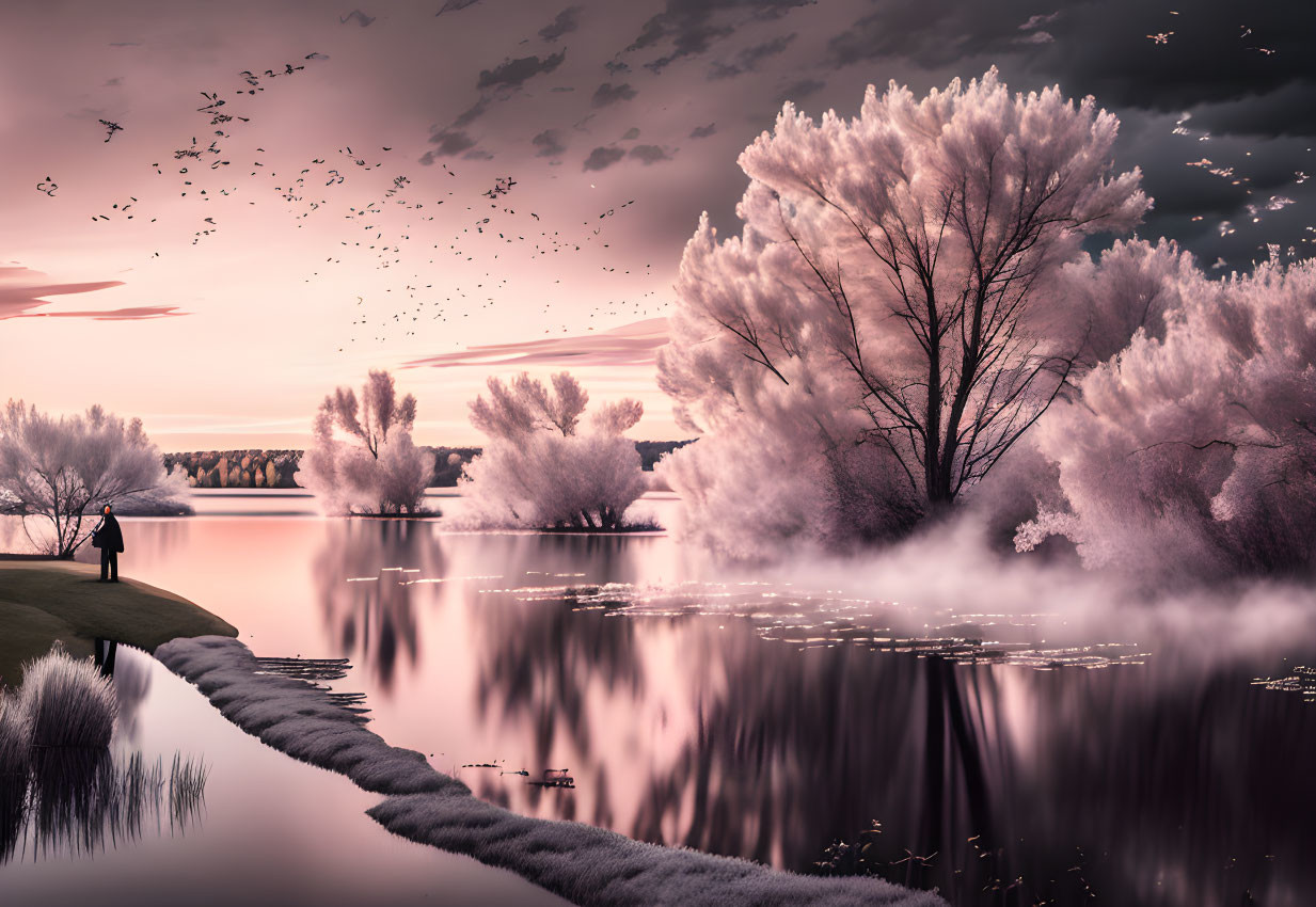 Tranquil infrared landscape with reflective lake, winding path, vibrant trees, and birds.