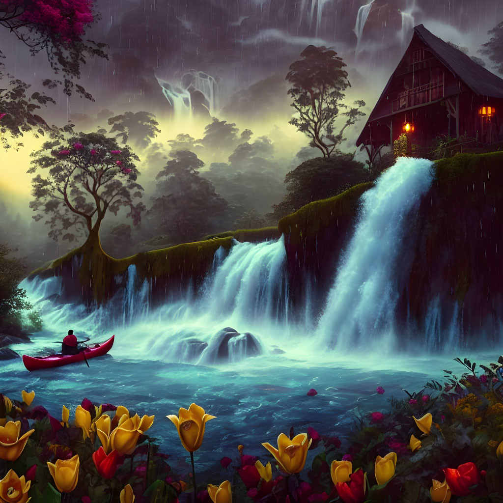 Person in Red Canoe on River with Waterfalls and Cozy House Amidst Greenery