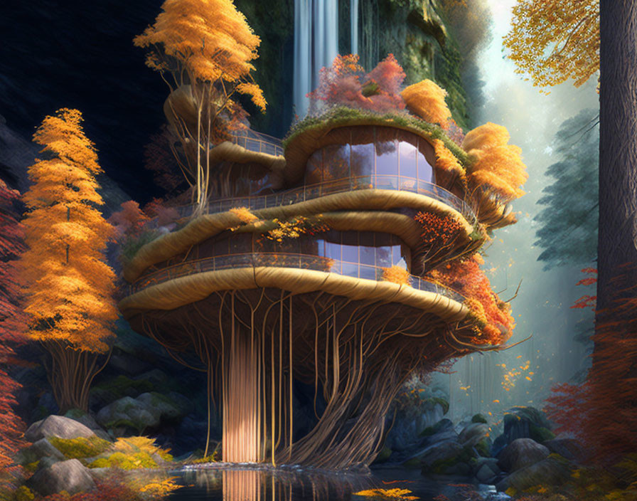 Organic Architecture Treehouse in Autumn Forest