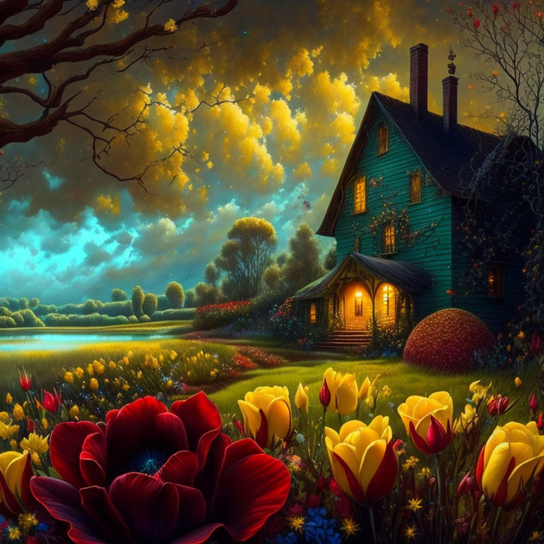 Cozy two-story house surrounded by vibrant flowers at twilight