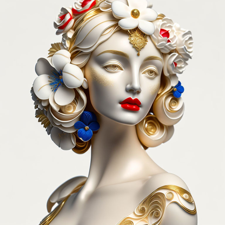 Stylized woman portrait with ornate floral hair decorations