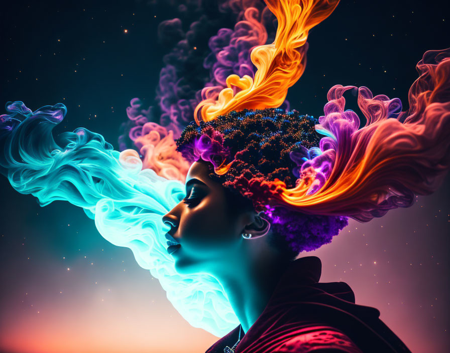 Colorful digital artwork: Woman with luminous hair and cosmic backdrop