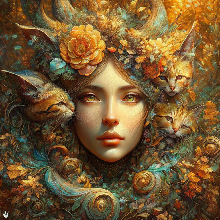 Colorful Fantasy Portrait Featuring Woman, Cats & Floral Decorations