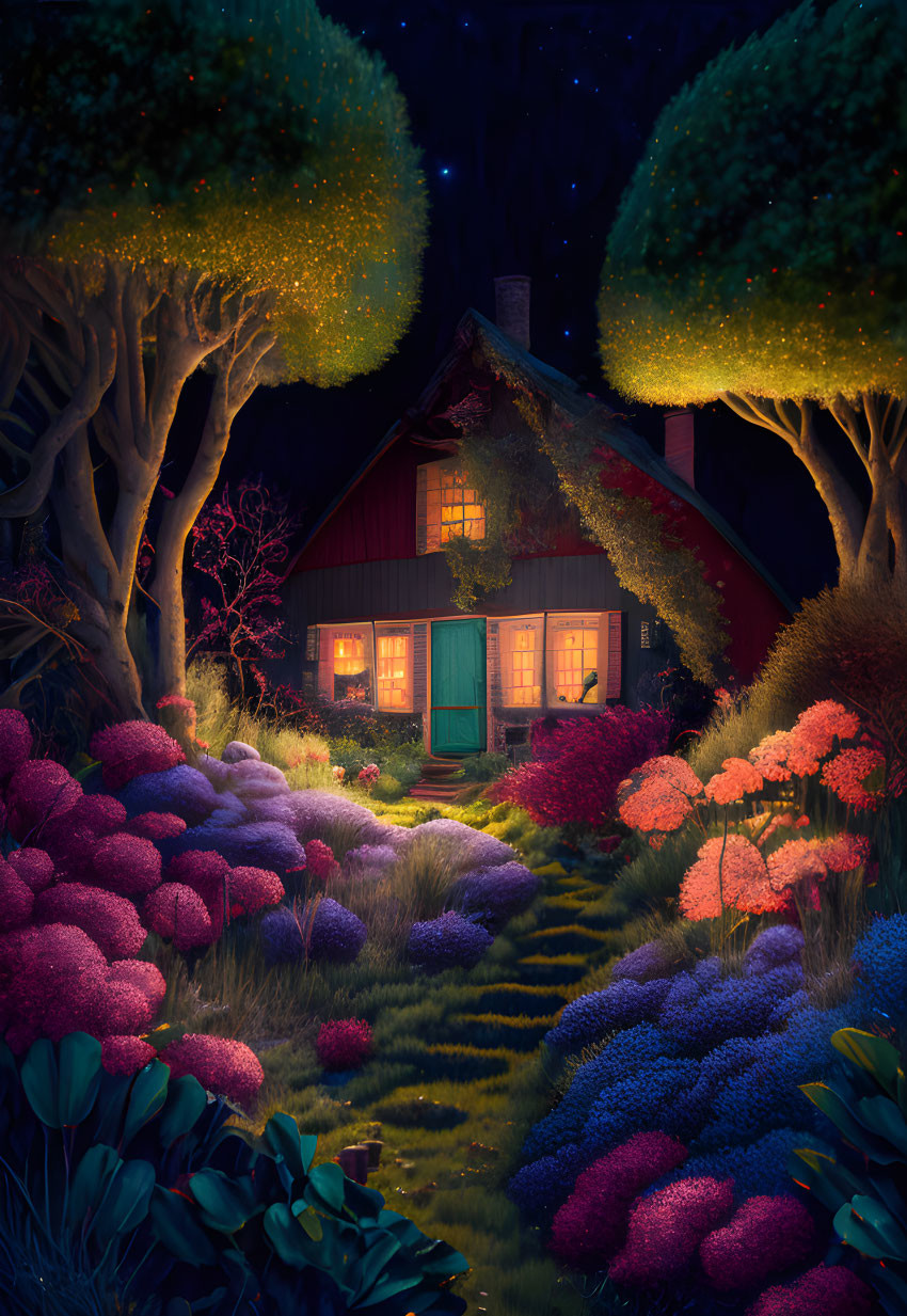 Red-roofed house in magical garden with glowing trees and luminescent flowers