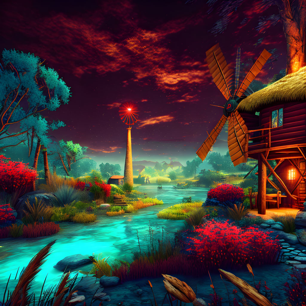 Serene fantasy landscape with vibrant flora and glowing lanterns