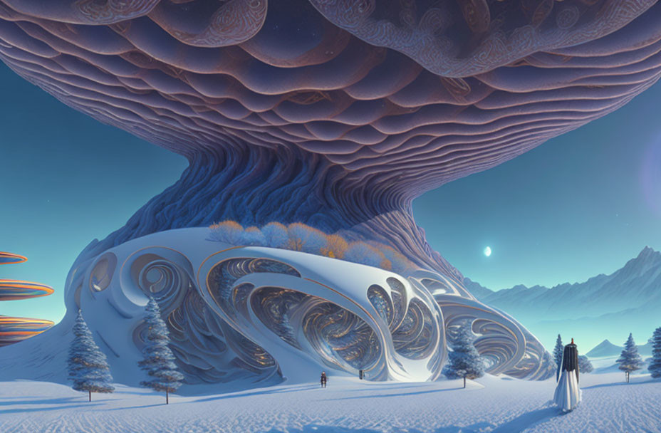 Gigantic mushroom-like structure in surreal snowy landscape