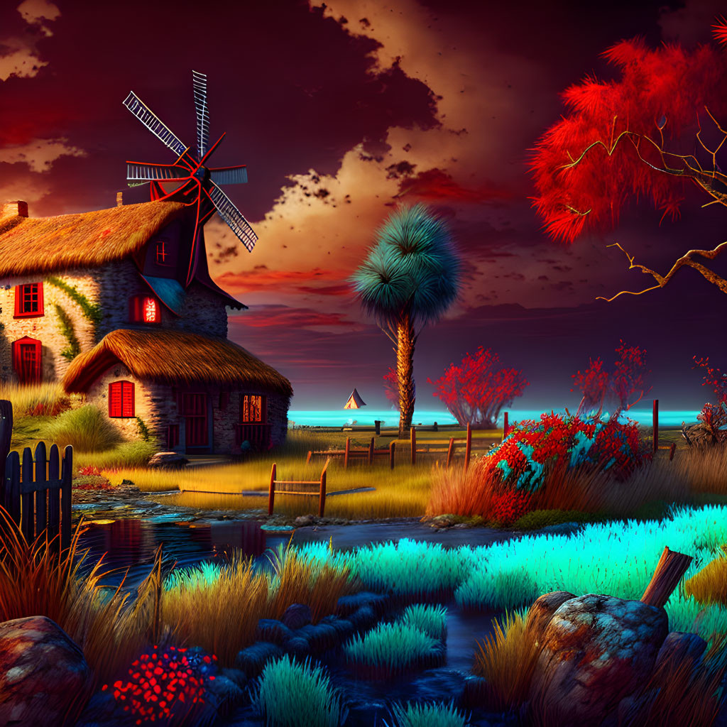 Sunset landscape with windmill, cottage, red foliage, blue sea, and lush greenery.