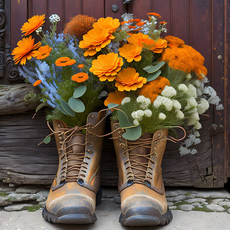 Brown Boots Overflowing with Vibrant Flowers Against Wooden Door