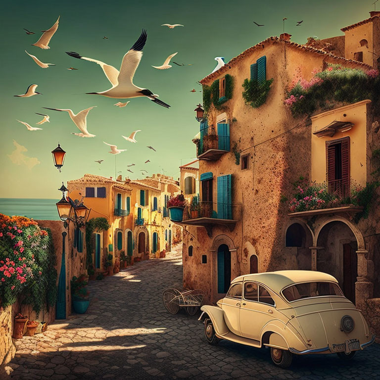 Colorful Mediterranean Village Street with Cobblestones, Flowers, Vintage Car, and Seagulls