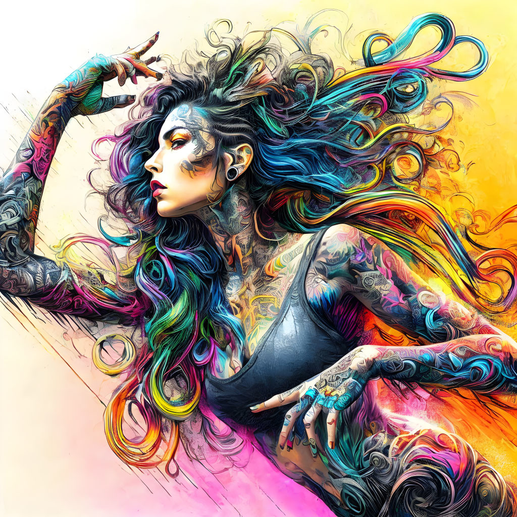 Colorful tattooed woman with vibrant hair and piercings illustration