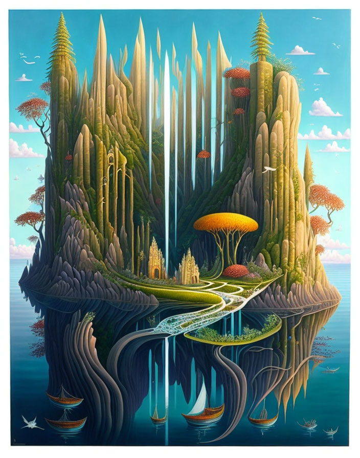 Fantasy landscape with spires, vibrant trees, and swimming fish