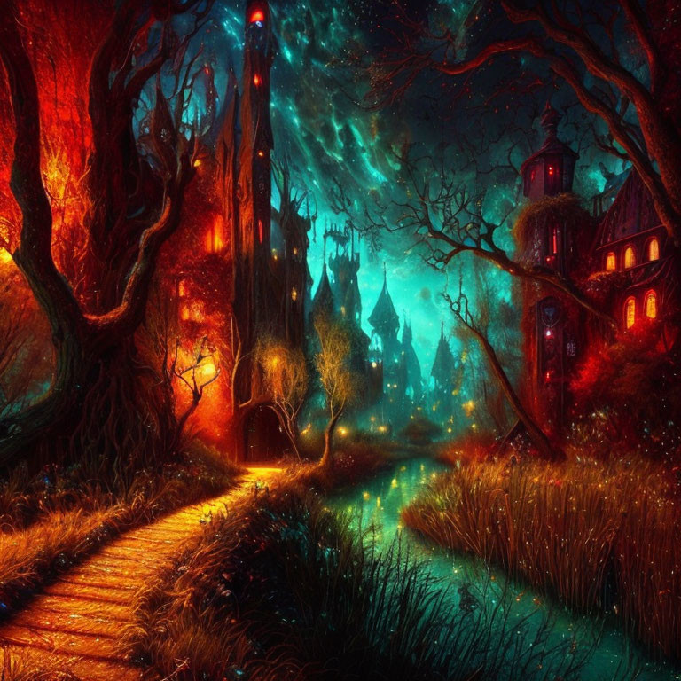 Enchanted forest path to illuminated castle under starry sky