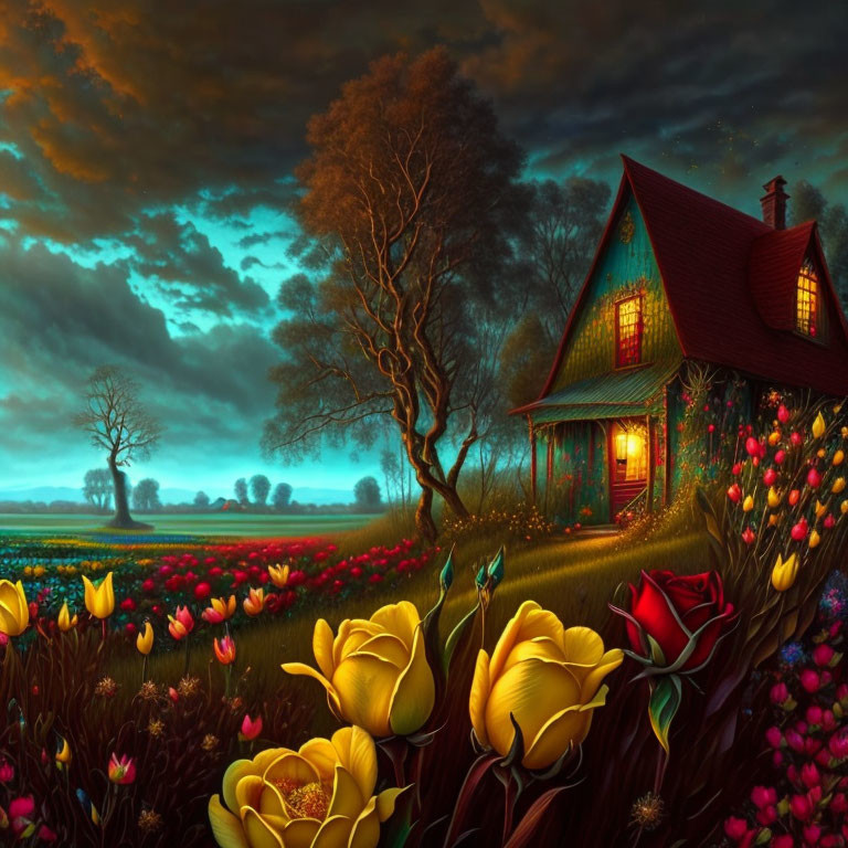 Cozy cottage surrounded by tulips under twilight sky