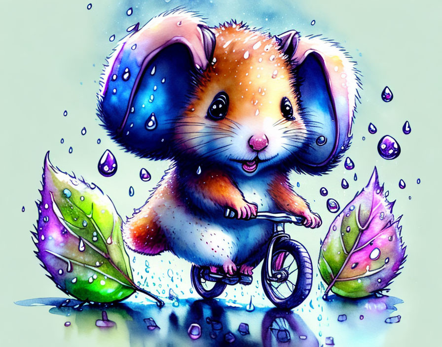 Plump mouse on unicycle in colorful nature scene