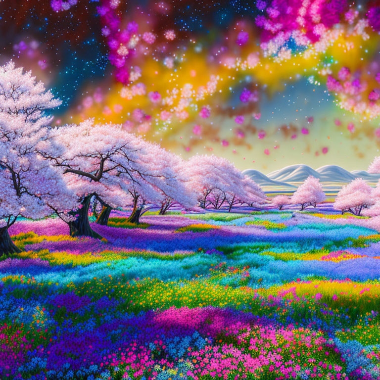 Colorful Flower Landscape Under Cherry Blossoms and Starry Sky