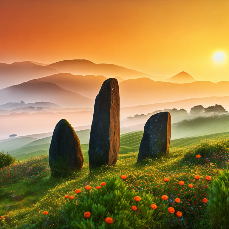 Scenic sunrise over ancient standing stones and misty valleys