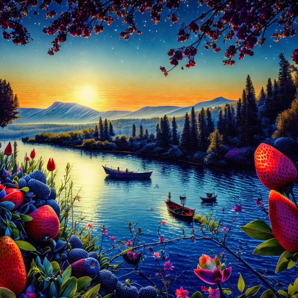 Colorful landscape with river, boats, foliage, flowers, sunset sky, stars