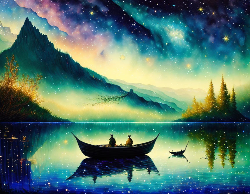 Starry night lake scene with boat, mountain, and fireflies