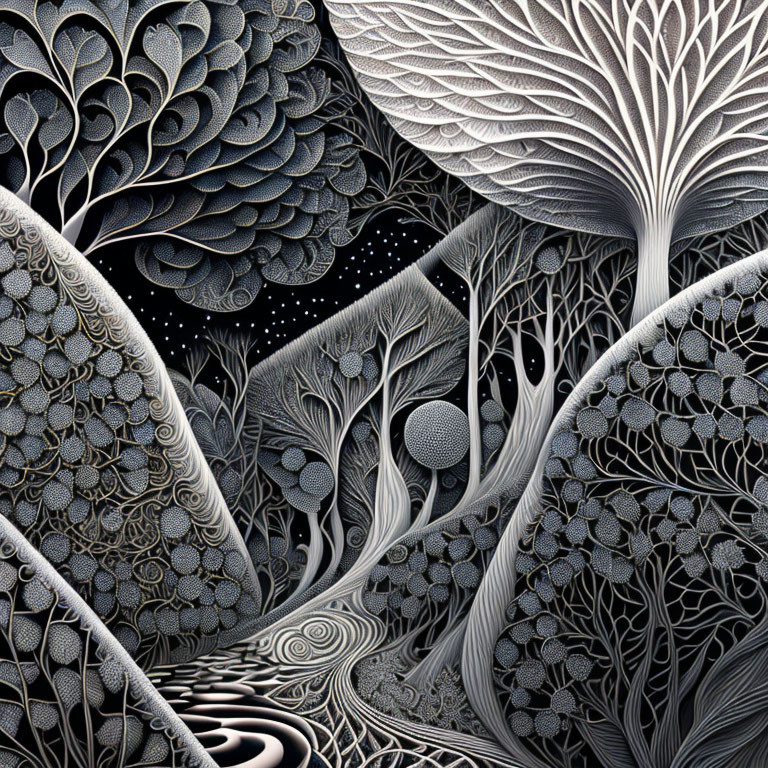 Detailed Black and White Surreal Tree Illustration with Mythical Forest Theme