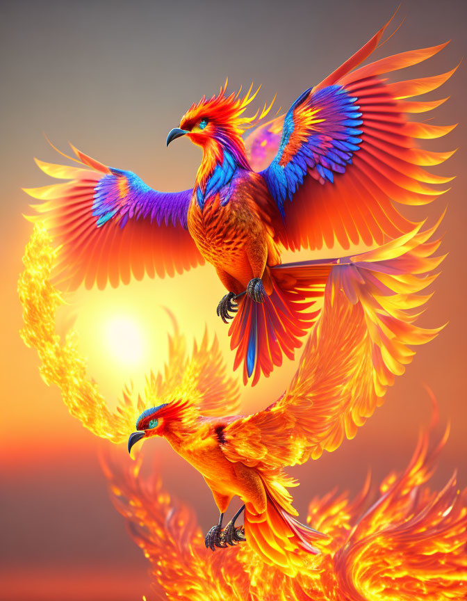 Vibrant phoenix-like birds with fiery plumage against warm sunset backdrop