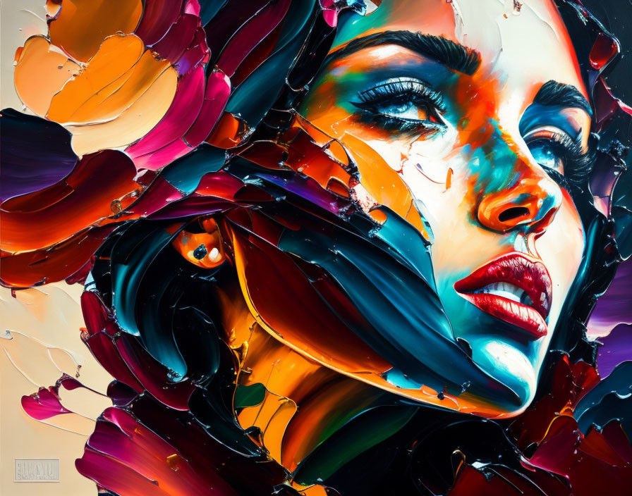 Colorful Portrait of Woman with Fragmented, Paint-Splattered Effect