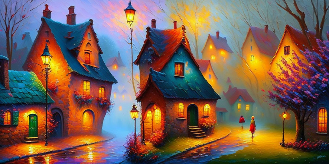 Colorful painting of a village street at dusk with glowing lanterns and cottages