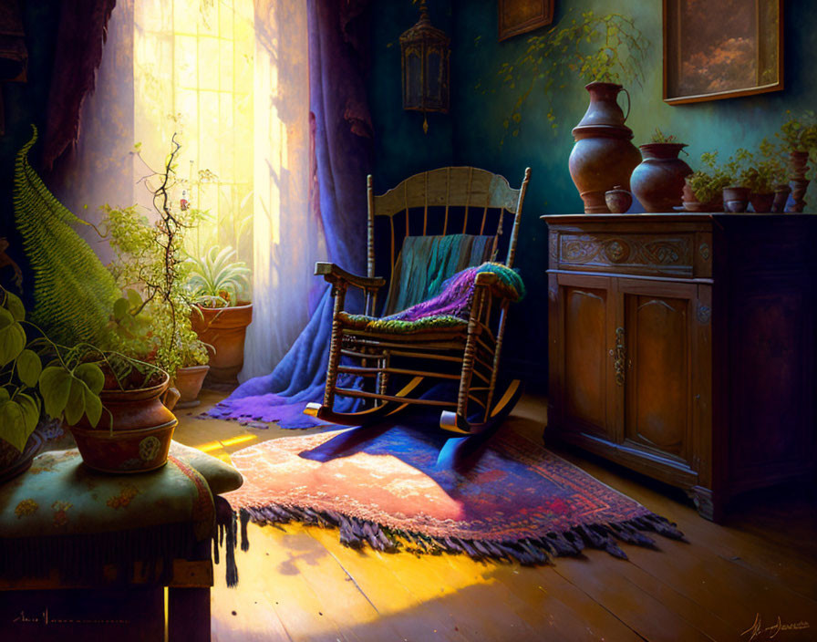 Sunlit Cozy Room with Rocking Chair, Plants, Rug, and Antique Furniture