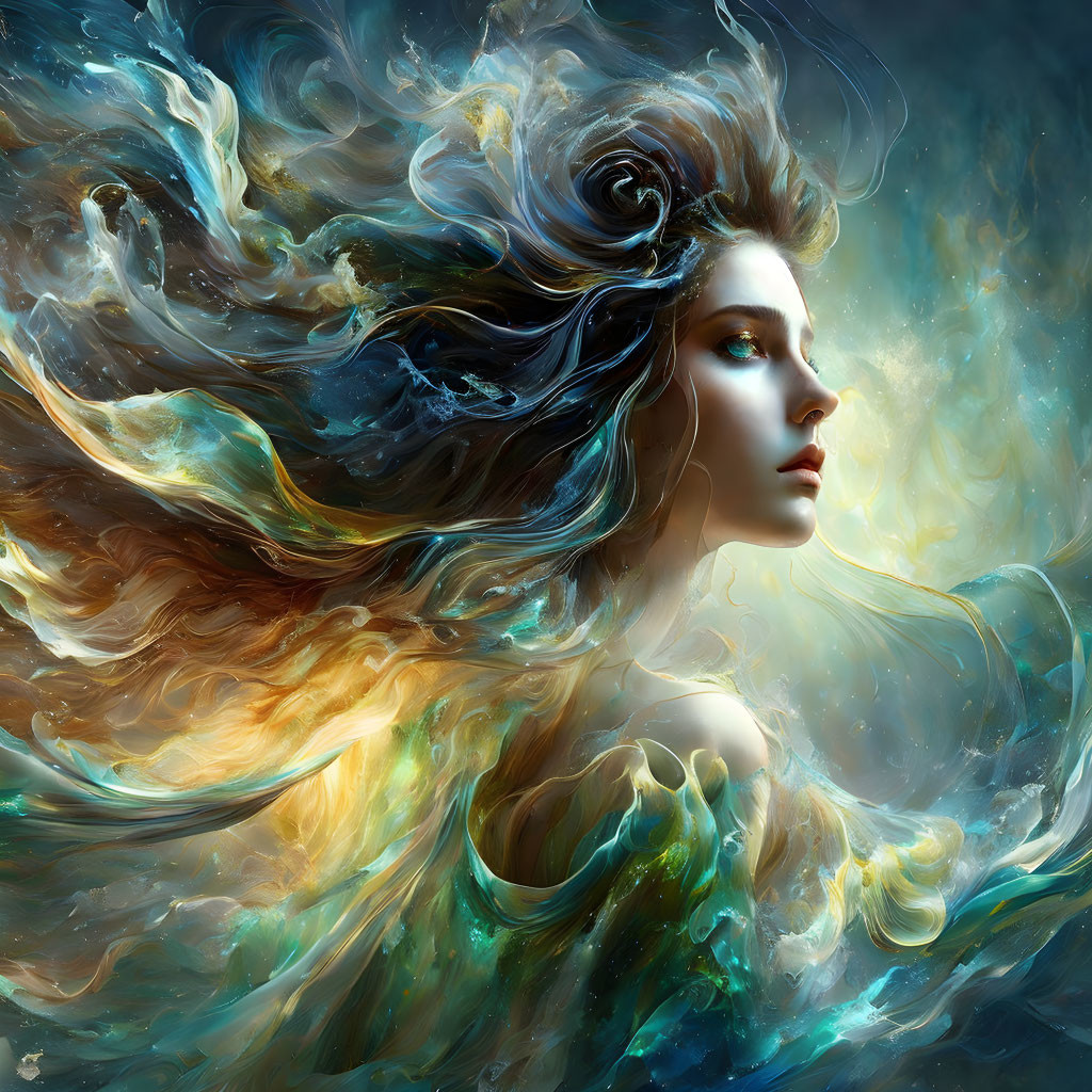 Ethereal woman with flowing hair in vibrant nebula-like background