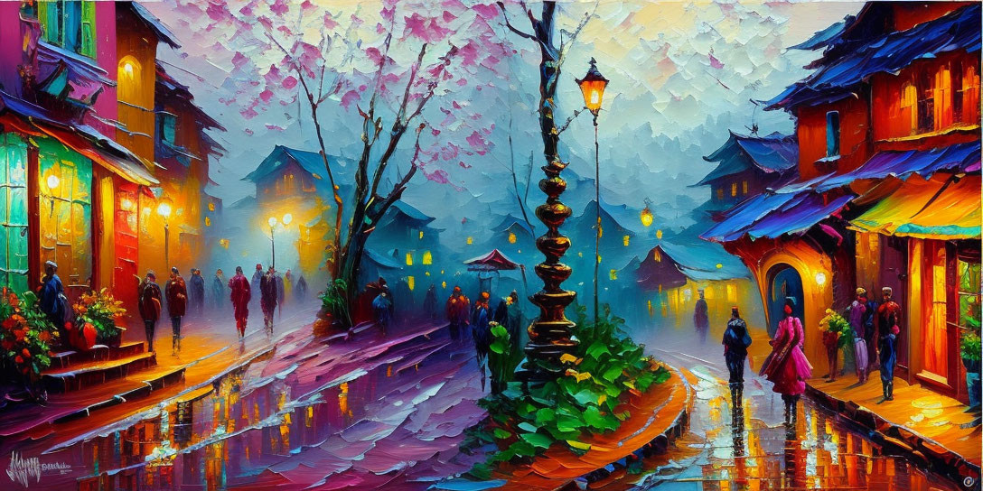 Colorful Rainy Street Scene at Dusk with Pedestrians and Streetlamps