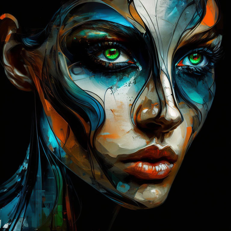 Colorful Digital Art: Woman with Green Eyes and Abstract Face Strokes