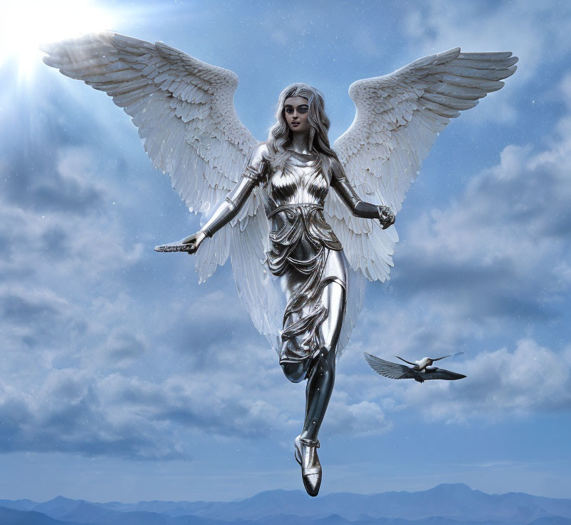 Silver winged humanoid and bird flying in cloudy sky above mountains