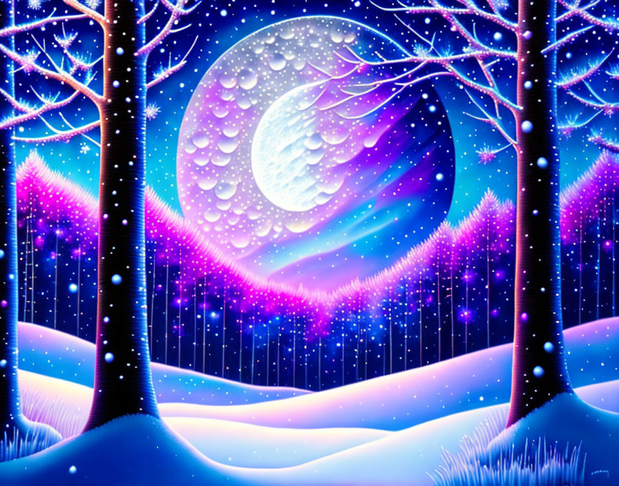 Winter Night Scene: Snow, Moon, Stars, Aurora Lights