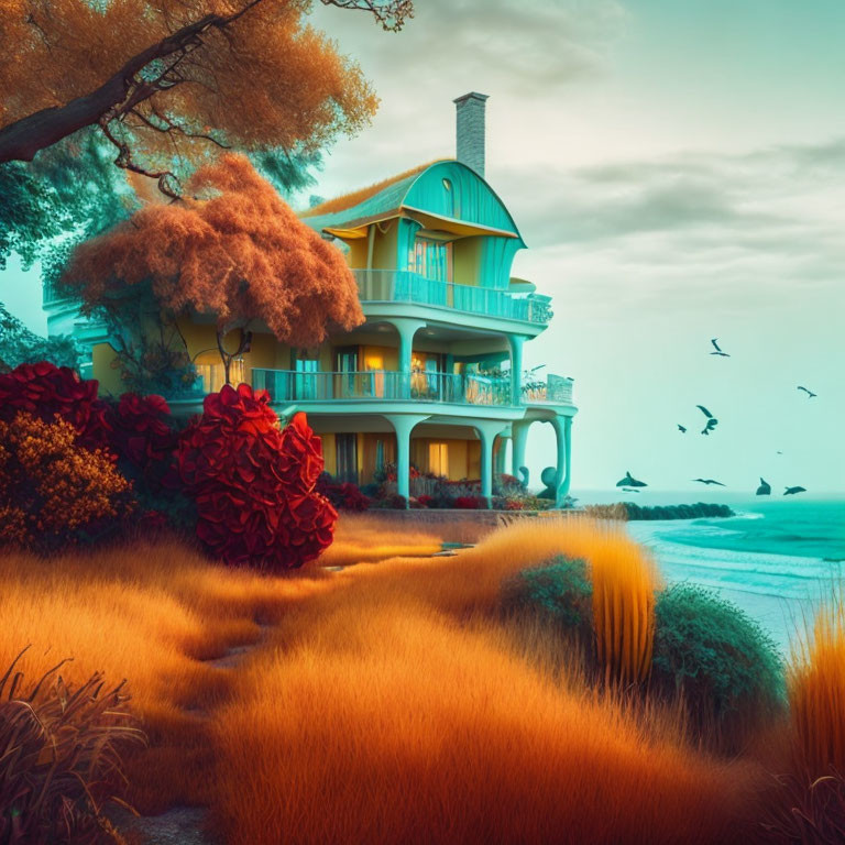 Vibrant surreal landscape: quaint house, lush vegetation, teal sky